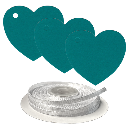 100 Heart Shaped Gift Tags with White Satin Ribbon -  21 Colours, Birthday Xmas