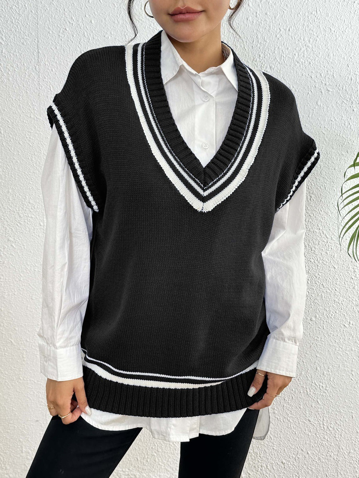 Environment European And American Women's Clothing Color Matching Casual Wool Vest Sweater