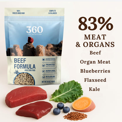 360 Pet Nutrition Freeze-Dried Raw Dog Food – Beef Recipe with Liver & Organs, Grain-Free, USA Made