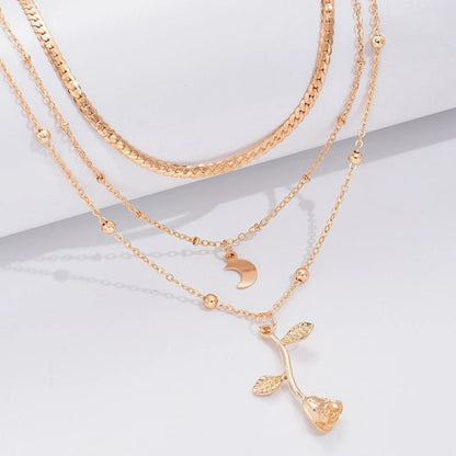 Multilayer Moon & Rose Flower Gold Pendant Necklace