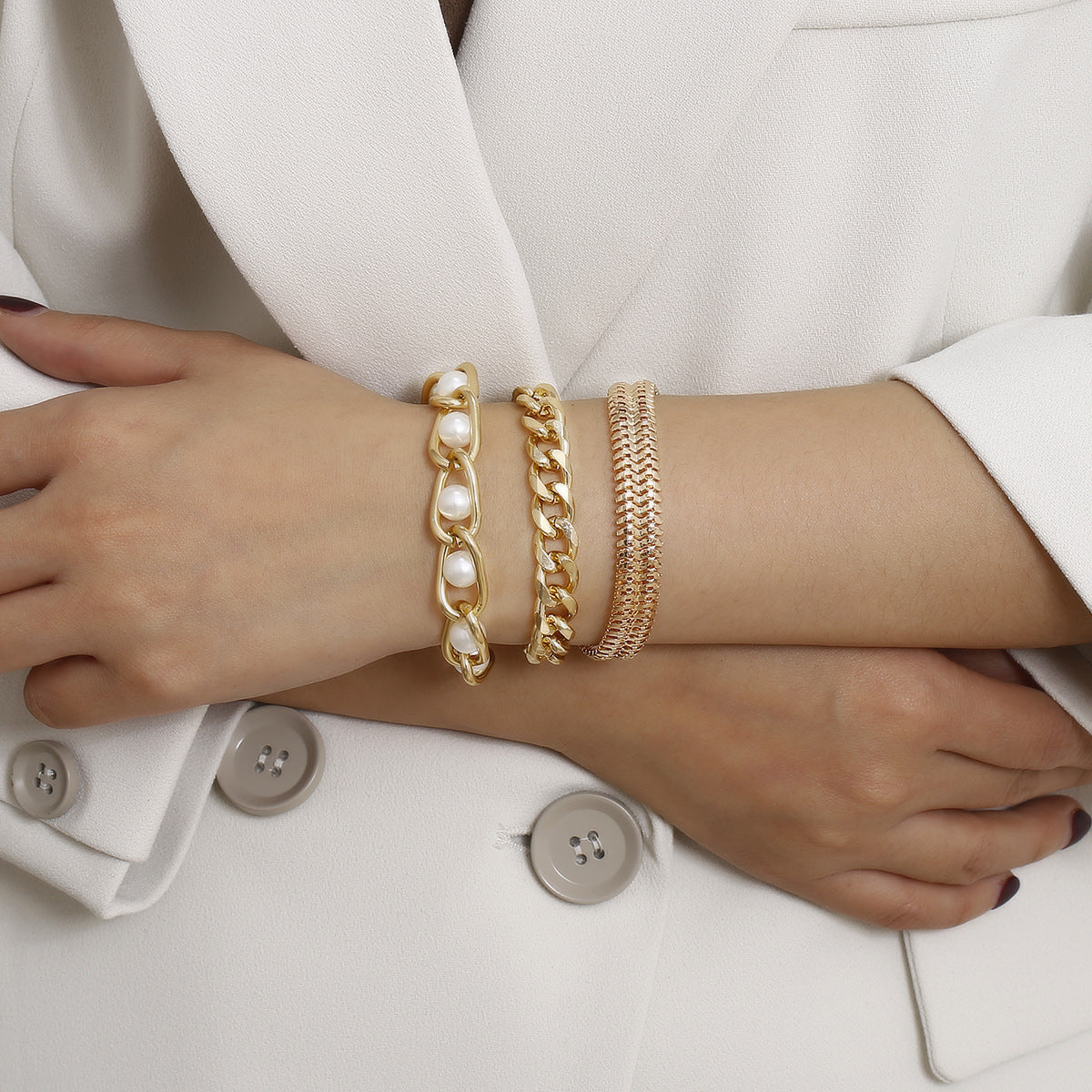Inlaid Pearl Bracelet Chain, 3pc Set