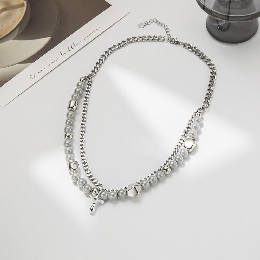 Multi-Layered Cross and Stone Double Necklace
