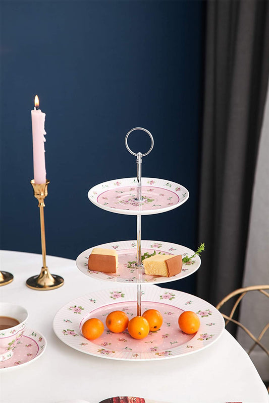 3 Tier Cake Plate Stand Porcelain Vintage Victoria Flower Floral Rose in Gift Box (Pink)