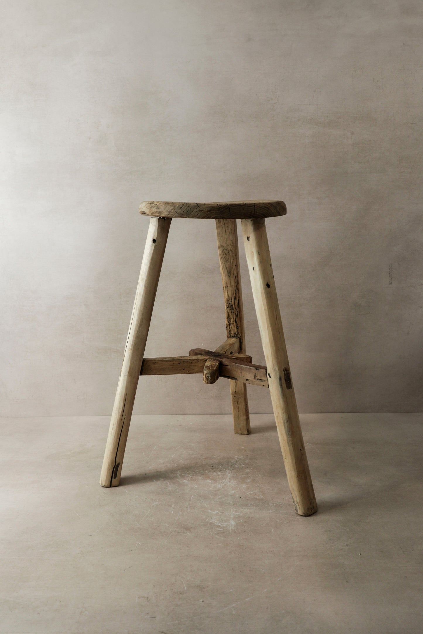 Vintage Rustic Elm Wood Stool - Round - No 4