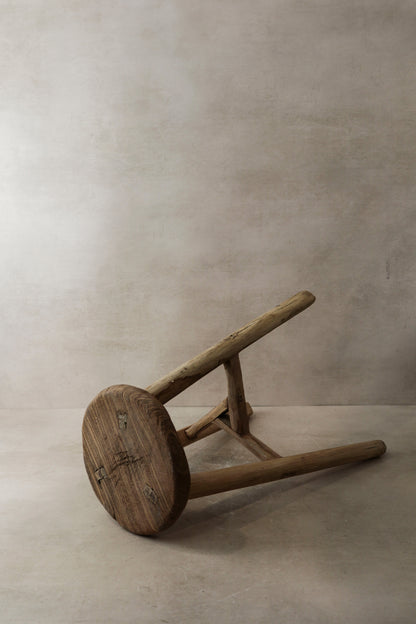 Vintage Rustic Elm Wood Stool - Round - No 2