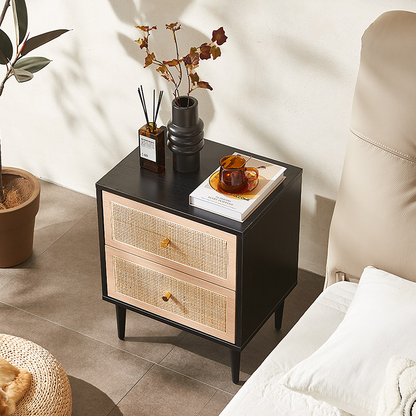 Tsaatan Wood Bedside Table, Rattan, Black