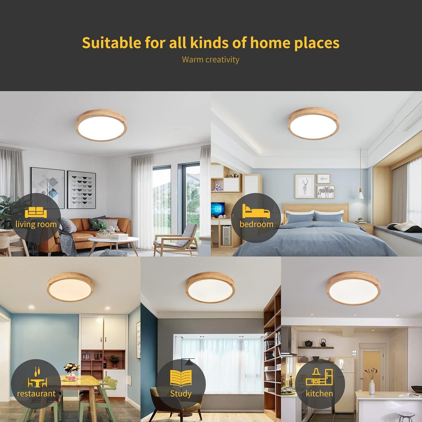LED Ceiling Light 20W 6000K Round Wood 1600LM Modern Home Light Schindora