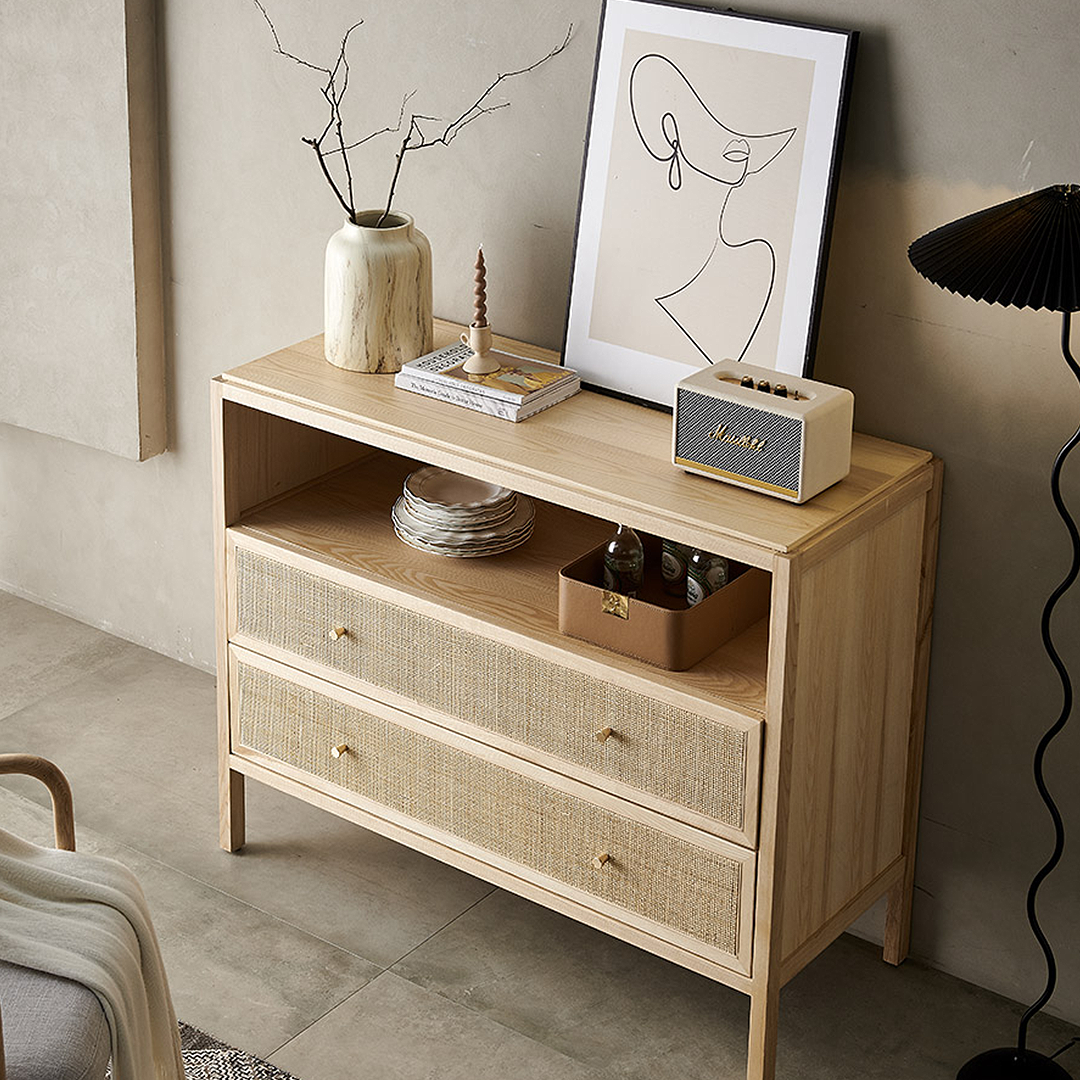 San Vintage Sideboard, Rattan & Solid Wood, Oak