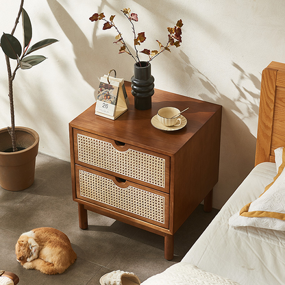 Kogi Bedside Table Solid Wood, Rattan