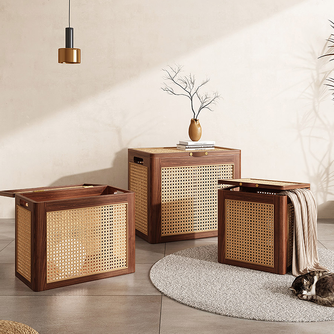 Aka Solid Wood Storage Box With Lid, Rattan Ottoman