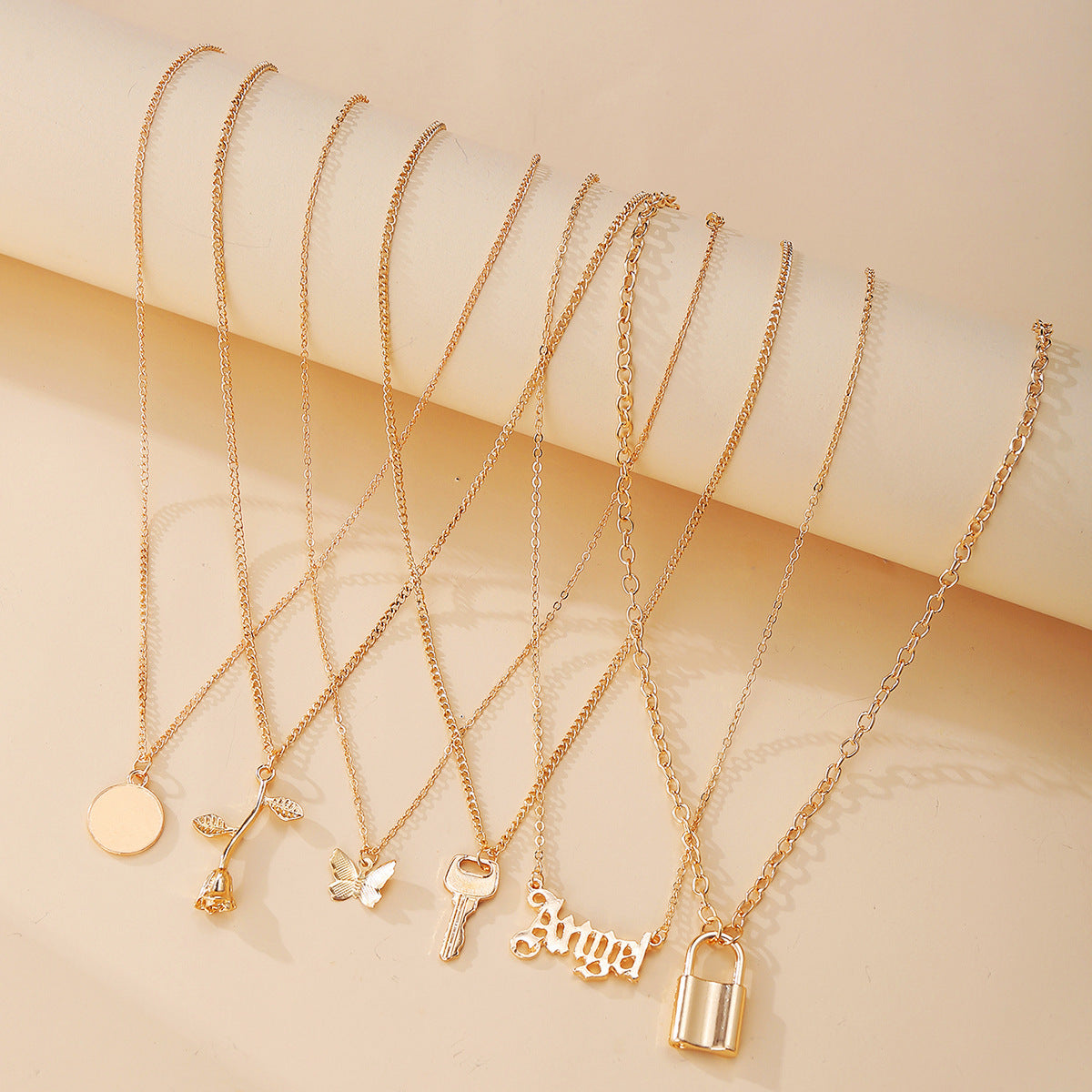 Multi-Layer Lock Rose Pendant Necklace, 6pc Set