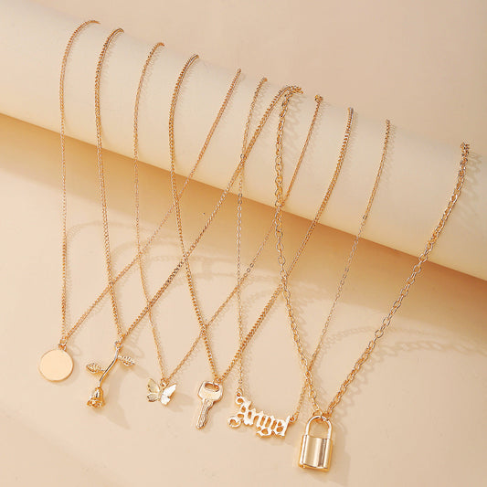 Multi-Layer Lock Rose Pendant Necklace, 6pc Set