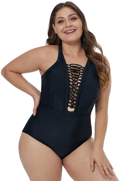 Colorful Tropical Jungle Crisscross Plunge V Neck Plus Maillot Swimwear