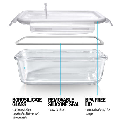 1-Compartment Glass Containers with Steam Vent Lids - 840ml - 5 PACK + 1 extra lid