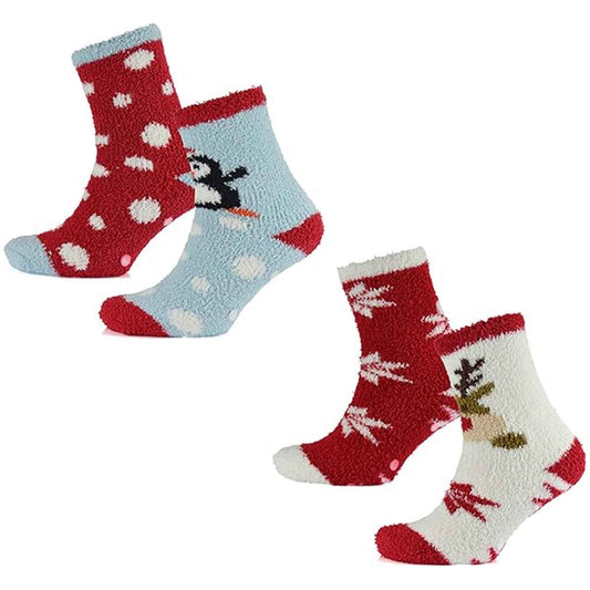 4 Pairs Ladies Christmas Slipper Socks Non-Skid Gripper Soles Winter Stocking Filler Gift Festive Rudolph Penguin Designs Sock Stack