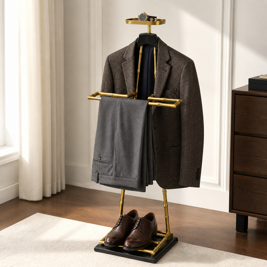 Luxury Dressboy Vintage Brass & Black Leather Valet Suit & Clothes Stand