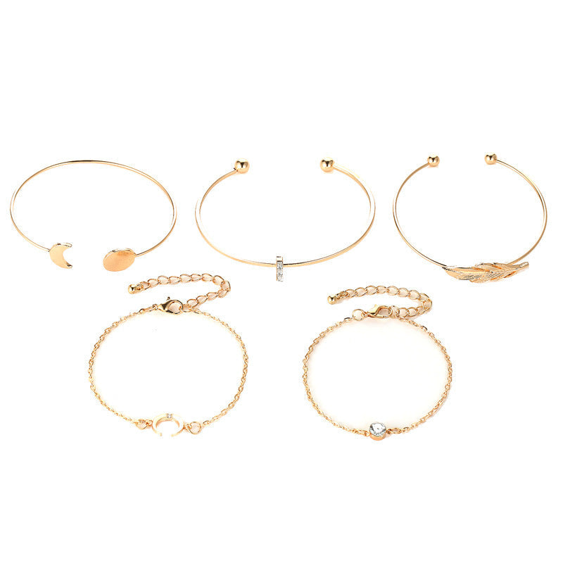 Five-Piece Punk Moon Leaf Crystal Protein Bracelet Set