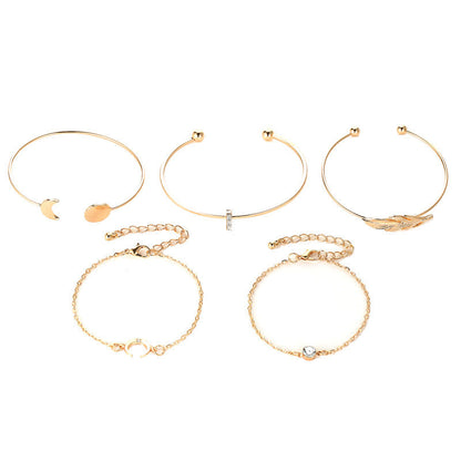 Five-Piece Punk Moon Leaf Crystal Protein Bracelet Set