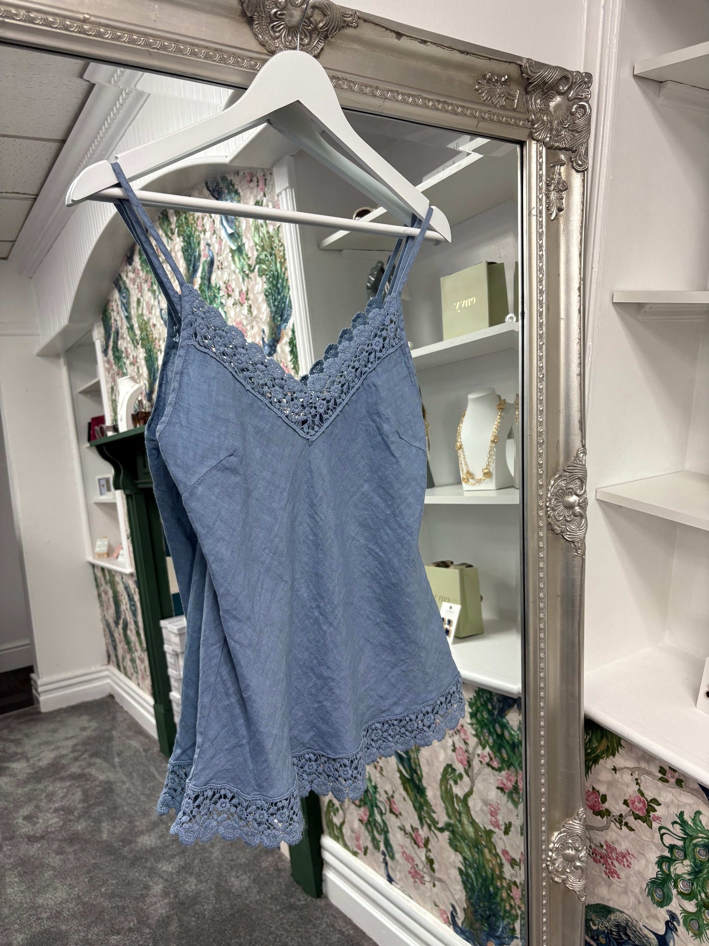 Luxtyle Linen Strappy Top with Flower Detail | Summer Cami | One Size Fits 8–14
