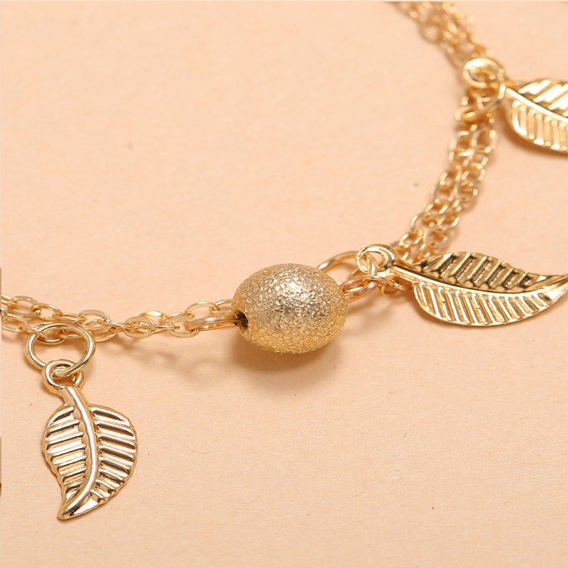 Round Beads, Small Leaves And Tassel Double-Layer Anklet