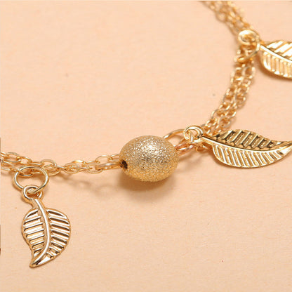Round Beads, Small Leaves And Tassel Double-Layer Anklet
