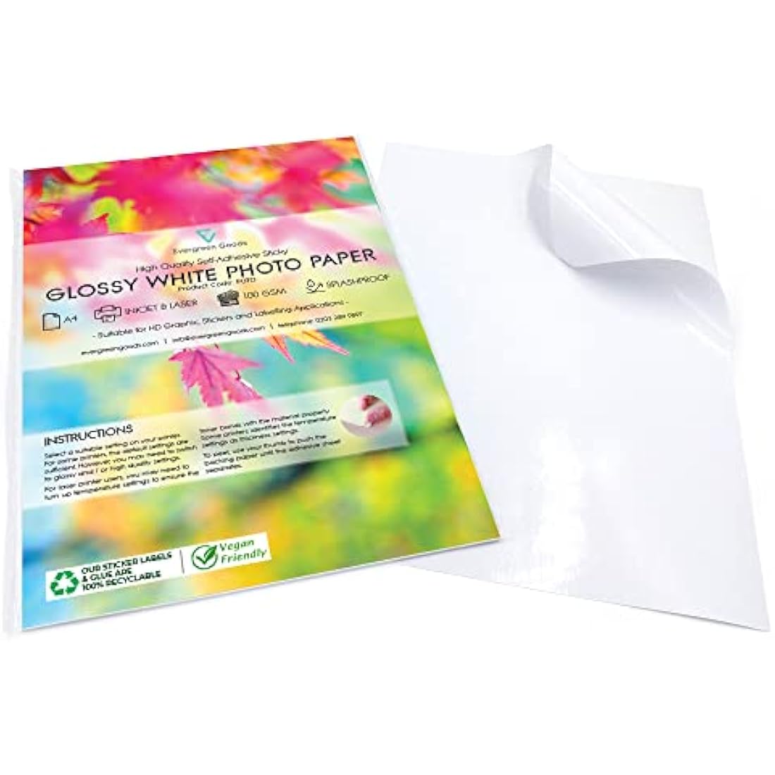 Evergreen Goods 50 Sheets A4 Glossy White Photo Sticker Paper Printabl ...