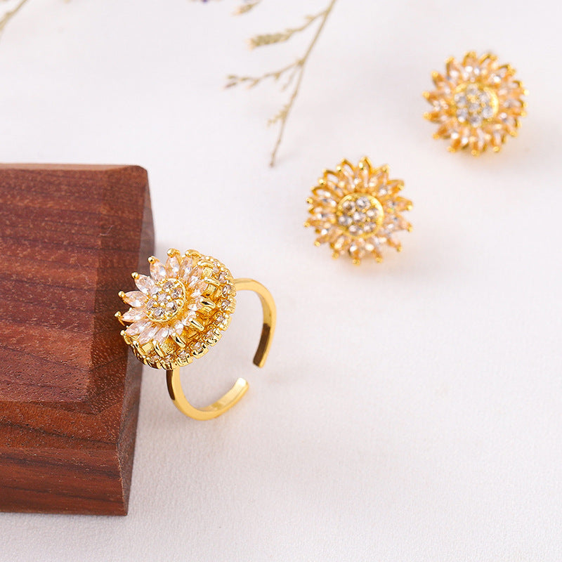 Rotatable Sunflower Stainless Steel Necklace, Earrings & Ring Set