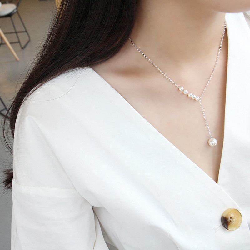 Women Round Shell Pearls Y Shape Necklace - Rose Gold-Plated Silver Pearl Necklace for women - Perfect Pearl Necklace with Gift Wrapping Included