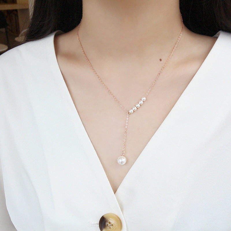 Women Round Shell Pearls Y Shape Necklace - Rose Gold-Plated Silver Pearl Necklace for women - Perfect Pearl Necklace with Gift Wrapping Included