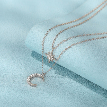 Double Layer Twin Diamond Star and Moon Necklace