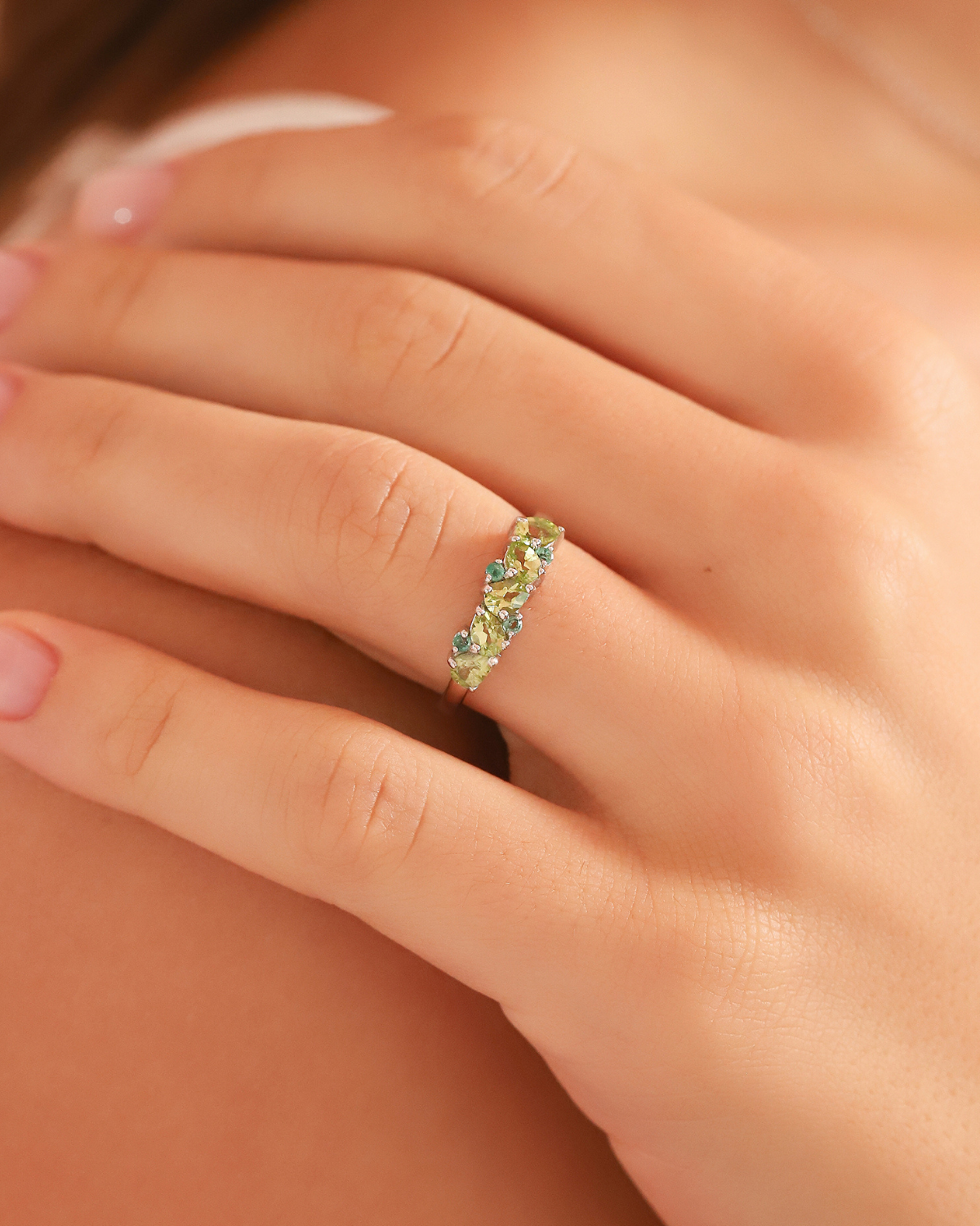 Emerald & Peridot Pear Cut Half Eternity Band in Sterling Silver