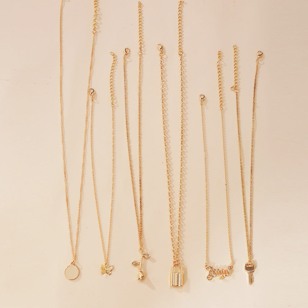 Multi-Layer Lock Rose Pendant Necklace, 6pc Set