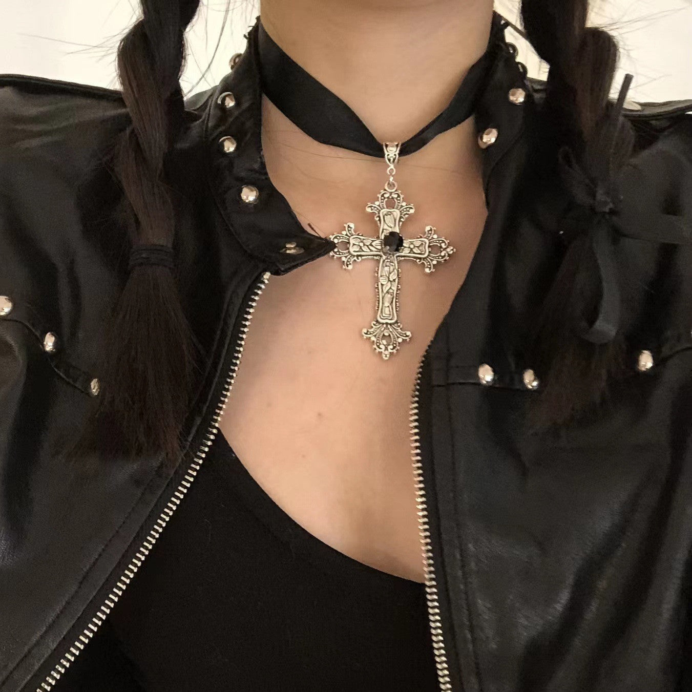 Gothic Cross Ribbon Necklace