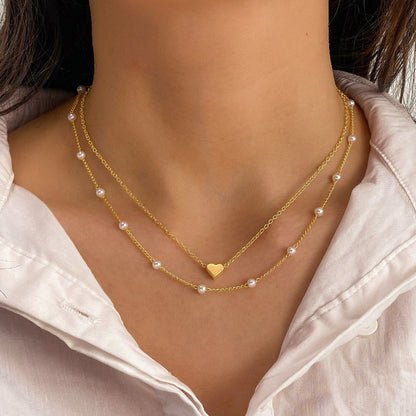Pearl Heart Tassel Pendant Double-Layer Necklace