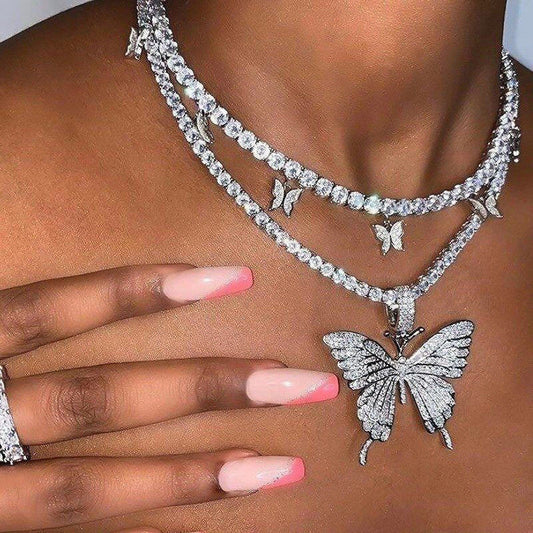Cuban Butterfly Necklace With Rhinestones Pendant