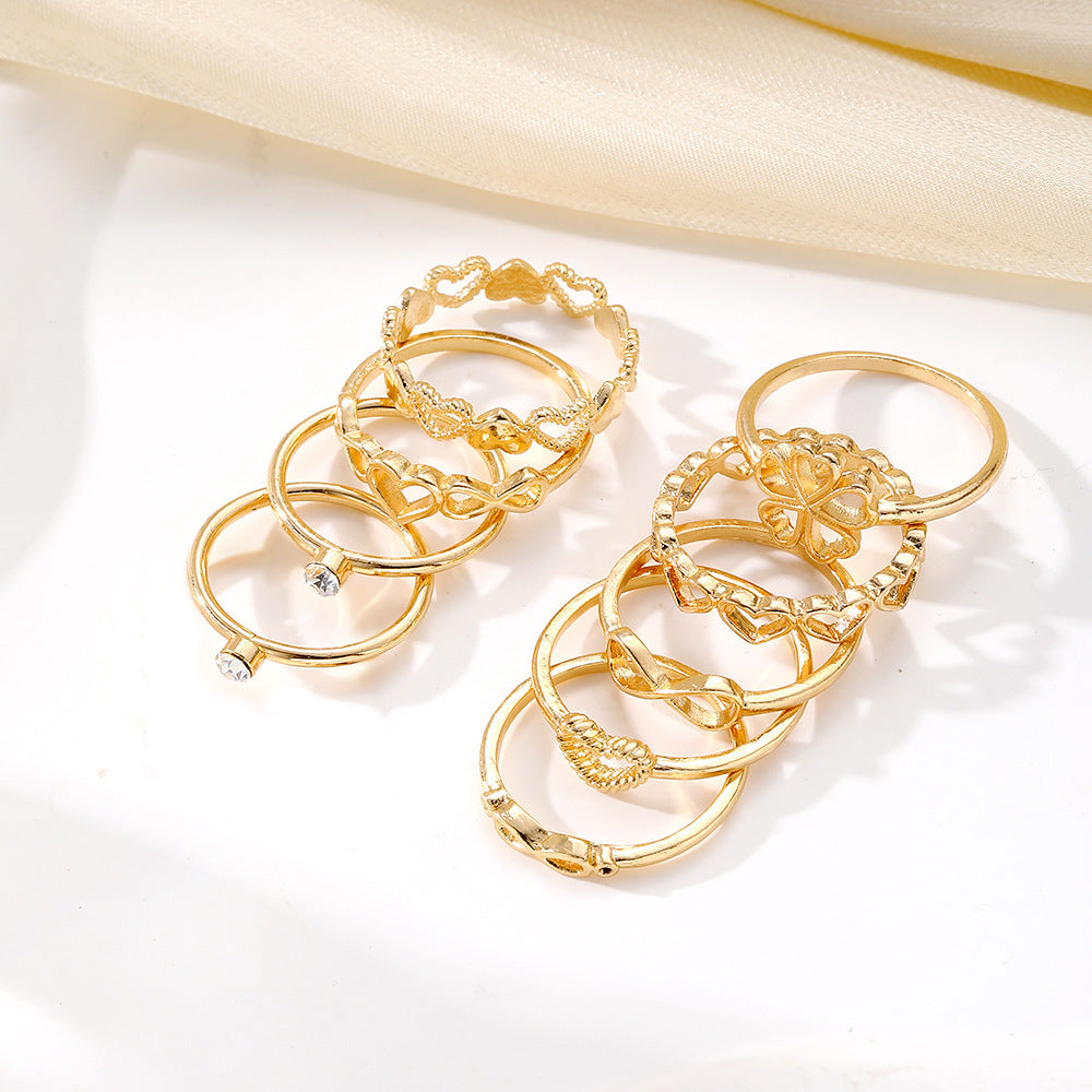 Gold Colour Heart Rings Set - 9pcs