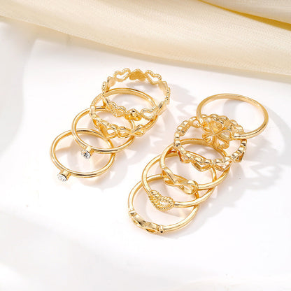 Gold Colour Heart Rings Set - 9pcs