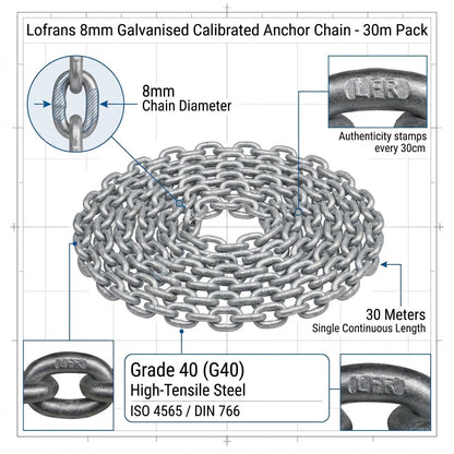 Lofrans 8mm Galvanised Calibrated Anchor Chain 30m Pack G40 ISO 4565 DIN 766