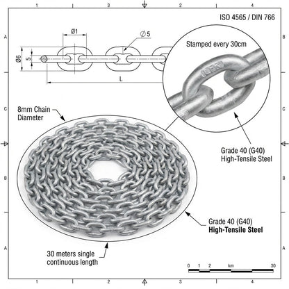 Lofrans 8mm Galvanised Calibrated Anchor Chain 30m Pack G40 ISO 4565 DIN 766