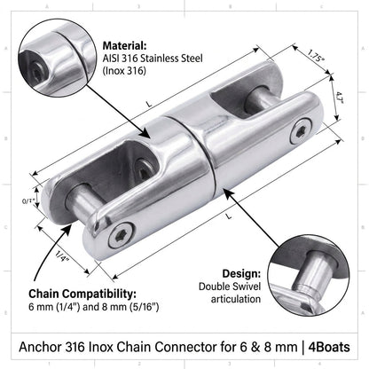 Anchor Chain Connector AISI 316 Stainless Steel 6mm 8mm Chain Lalizas 98076