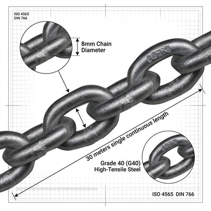 Lofrans 8mm Galvanised Calibrated Anchor Chain 30m Pack G40 ISO 4565 DIN 766