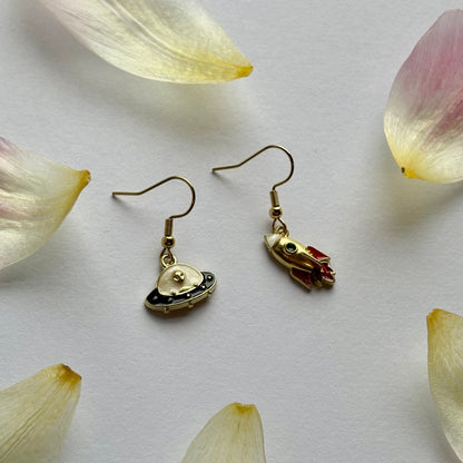 Space rocket and alien space ship gold dangle earrings