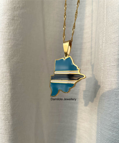 Botswana Flag Map Necklace - Gold