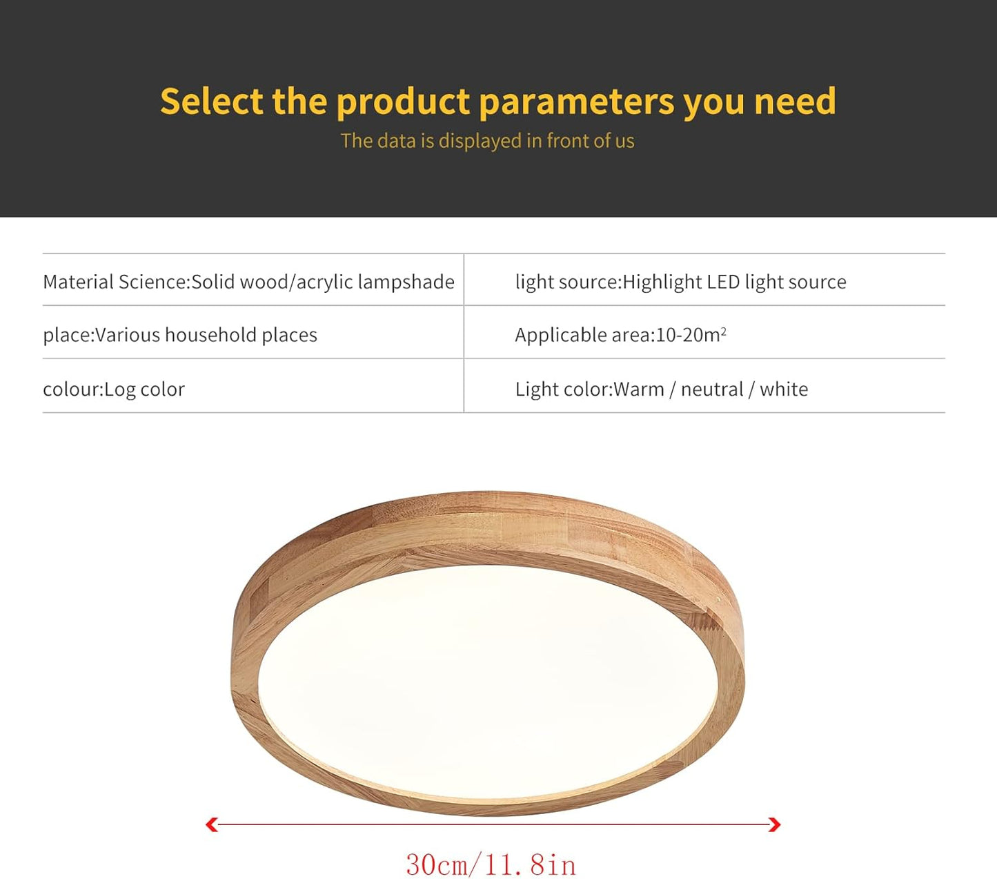 LED Ceiling Light 20W 6000K Round Wood 1600LM Modern Home Light Schindora