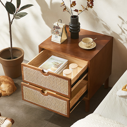 Kogi Bedside Table Solid Wood, Rattan