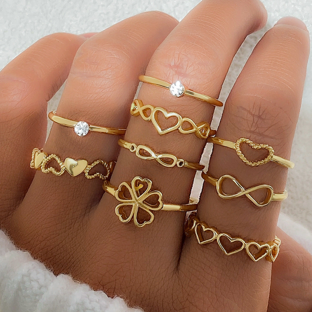 Gold Colour Heart Rings Set - 9pcs