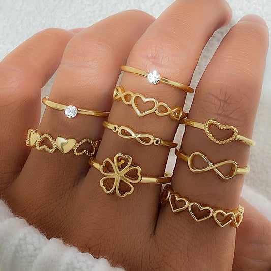 Gold Colour Heart Rings Set - 9pcs