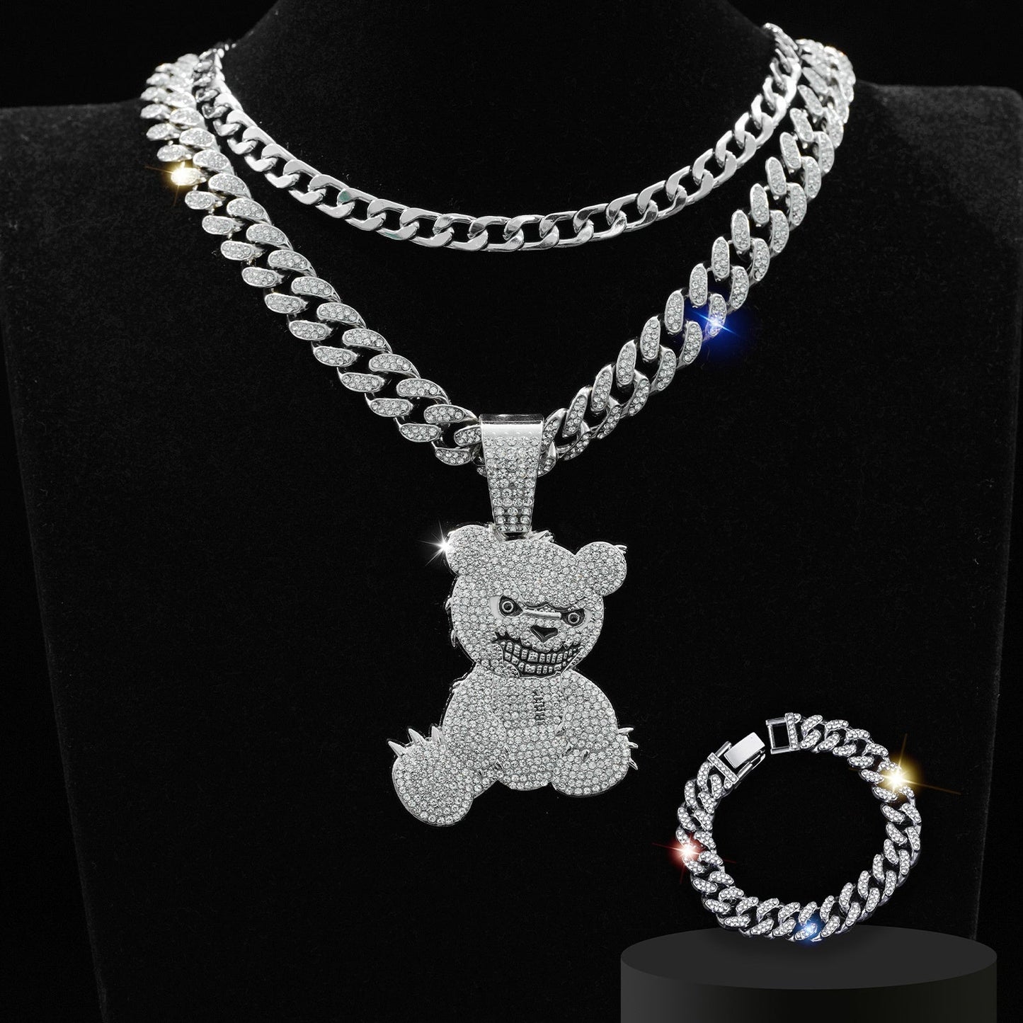 Fully jewelled Bear Pendant Necklace & Bracelet Set, 3Pcs