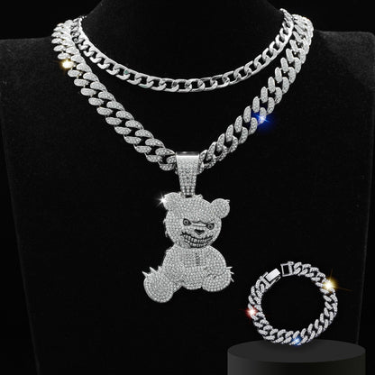 Fully jewelled Bear Pendant Necklace & Bracelet Set, 3Pcs