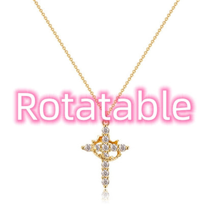 Cross Full Diamond Crown Rotatable Necklace